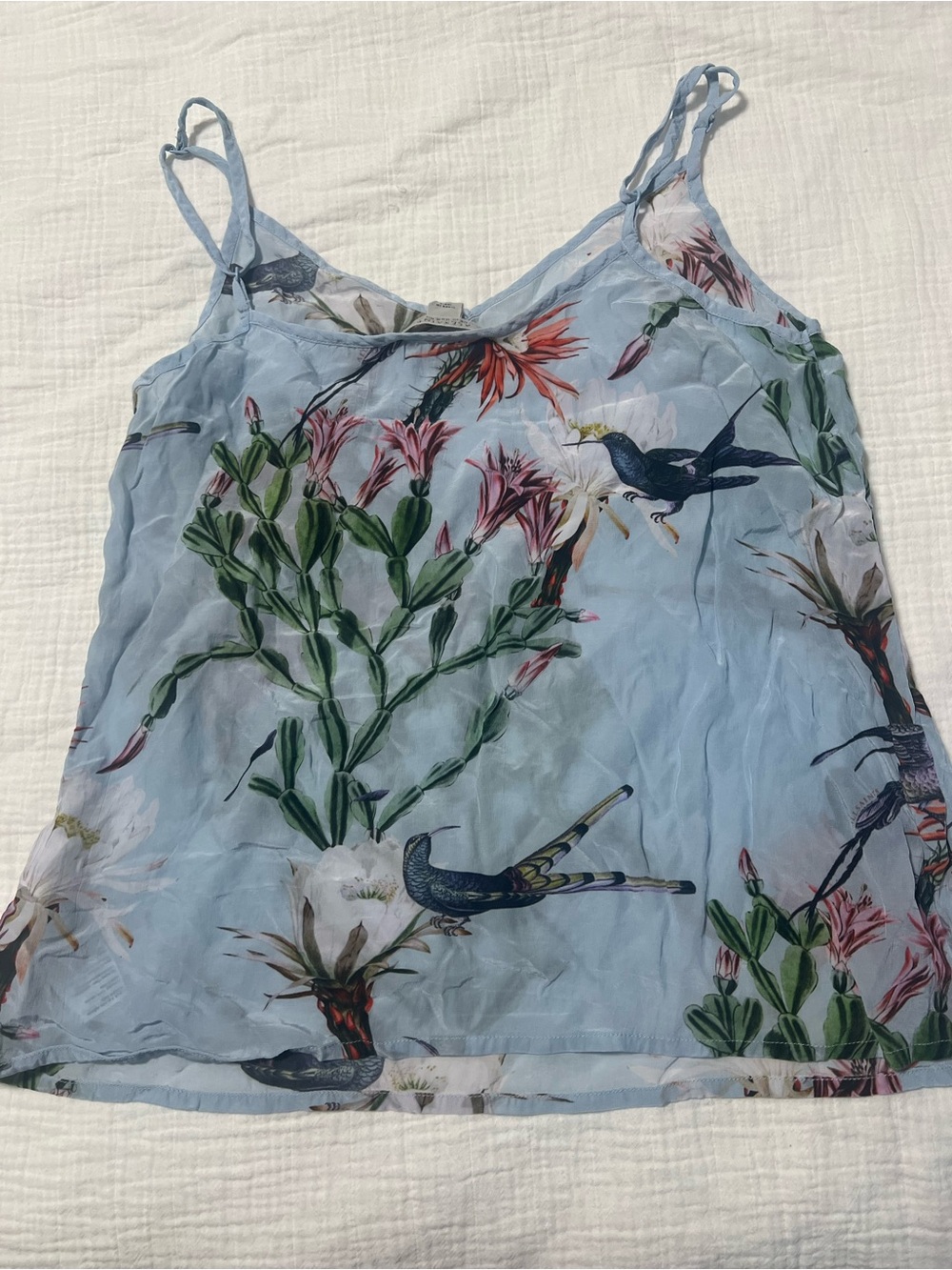 All Saints Tammy Senja Light Blue Floral & Bird Print Silk Camisole